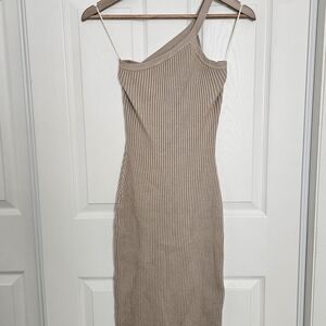 Elegant Tan Ribbed One-Shoulder Dress